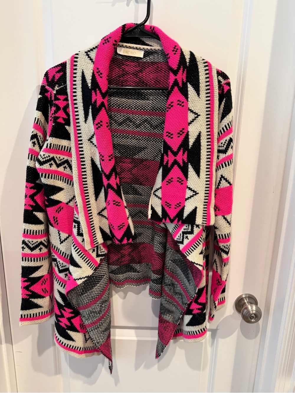Entro Pink Black Cream Geometric Open-Front Cardigan Size Medium